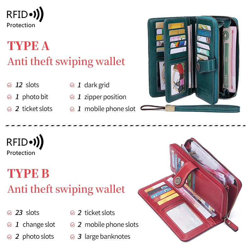 High Quality Women Wallet RFID Anti-theft Leather Wallets For Woman Long Zipper Large Ladies Clutch Bag Female Purse Card Holder