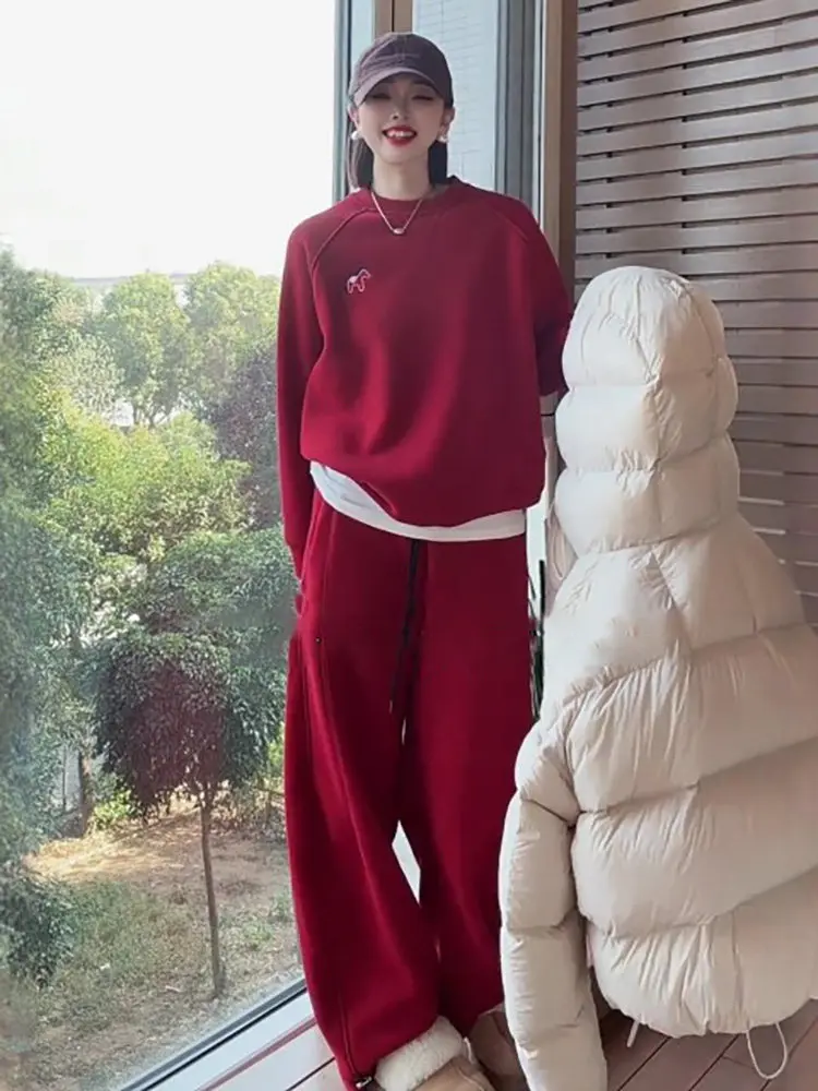 

Spring 2026 Loose Korean Style Casual Sportswear Set Women's Fashionable Anti-Aging Red Sweatshirt Wide Leg Pants Two-Piece Set