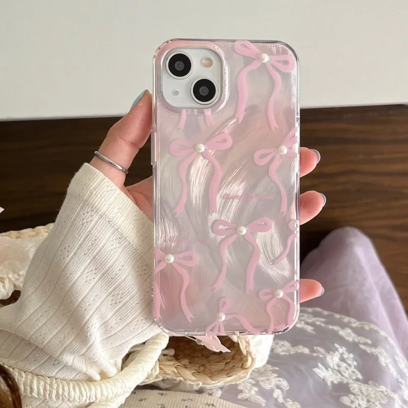 Korea Laser 3D Pink Bow Beads Phone Case for iPhone 16 15 14 13 16 Pro Max Floral Shell Girl Clear Soft Silicone Back Cover