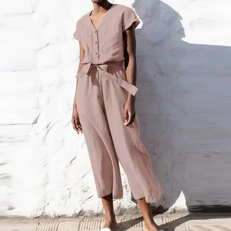 

Summer Cotton Linen High Waist Jumpsuit Lady Solid Color V Neck Straight Leg Pants Women Nail Buckle Lace-up Short Sleeve Romper