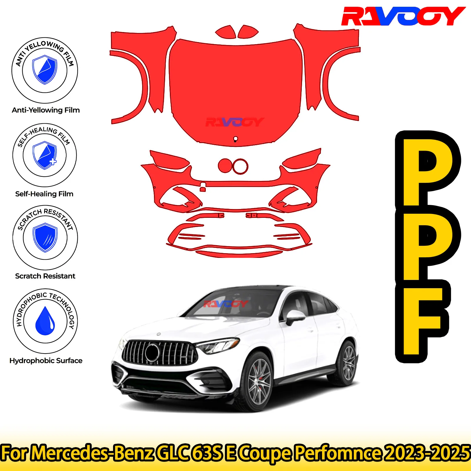 

For Mercedes-Benz GLC 63S E Coupe Perfomnce 2023-2025 Glossy Matte Black Precut front PPF Kit Paint Protection Film