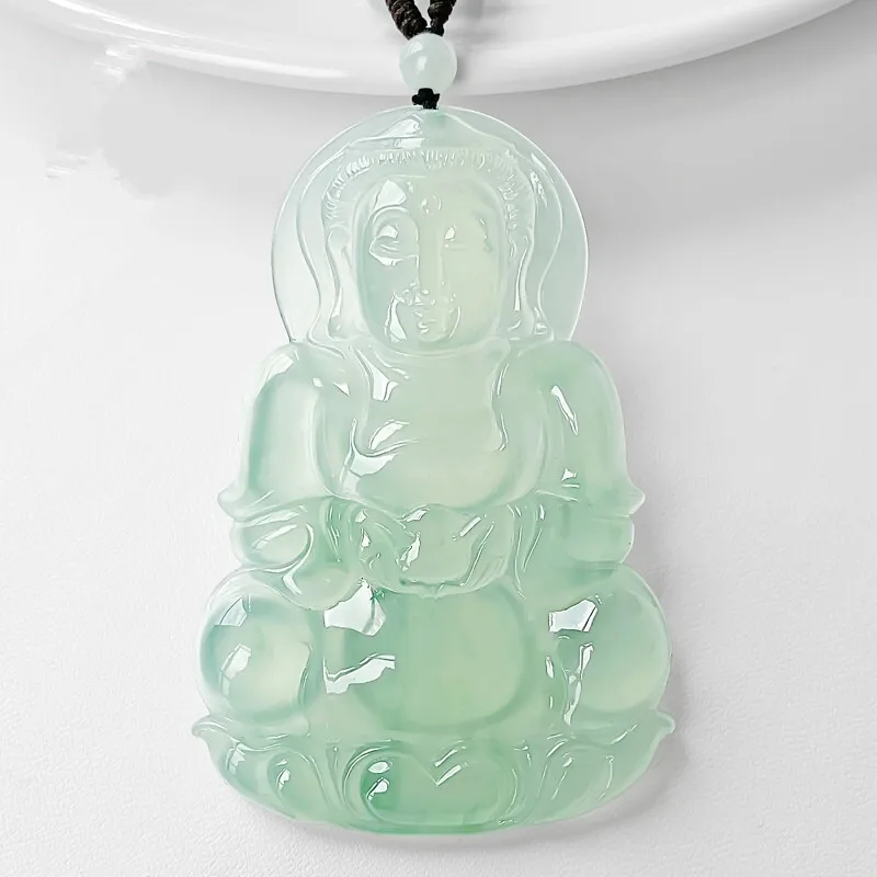 Guanyin Bodhisattva Pendant, Ice-Quality, Unisex, Light Green Jadeite Necklace, Vintage Style, Holiday Gift