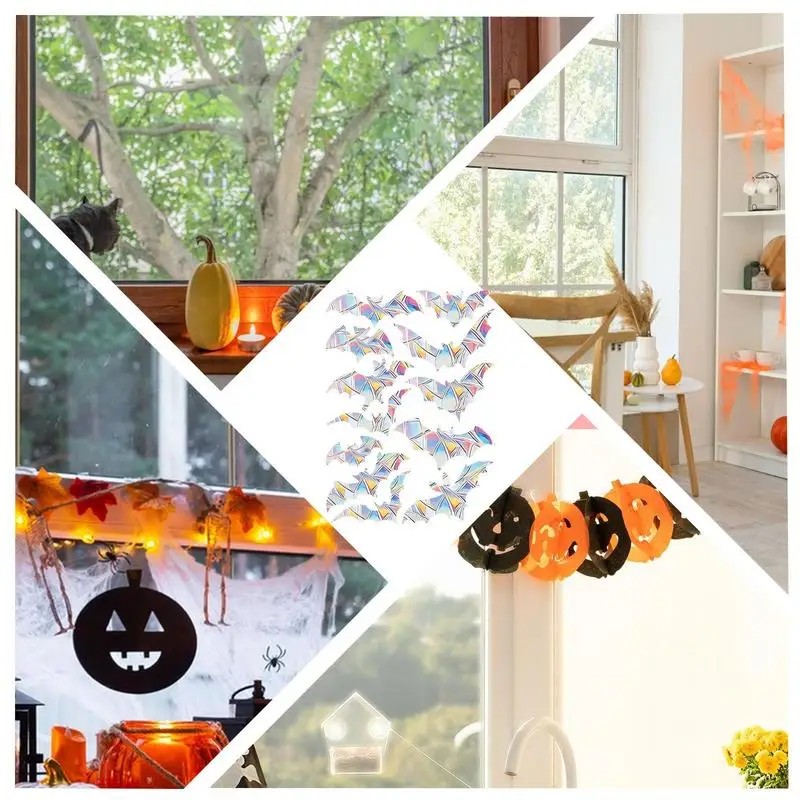 12pcs Halloween Bat Prismatic Window Sticker Halloween Bat Anti Collision Window Sticker Bats Window Decoration Accessories