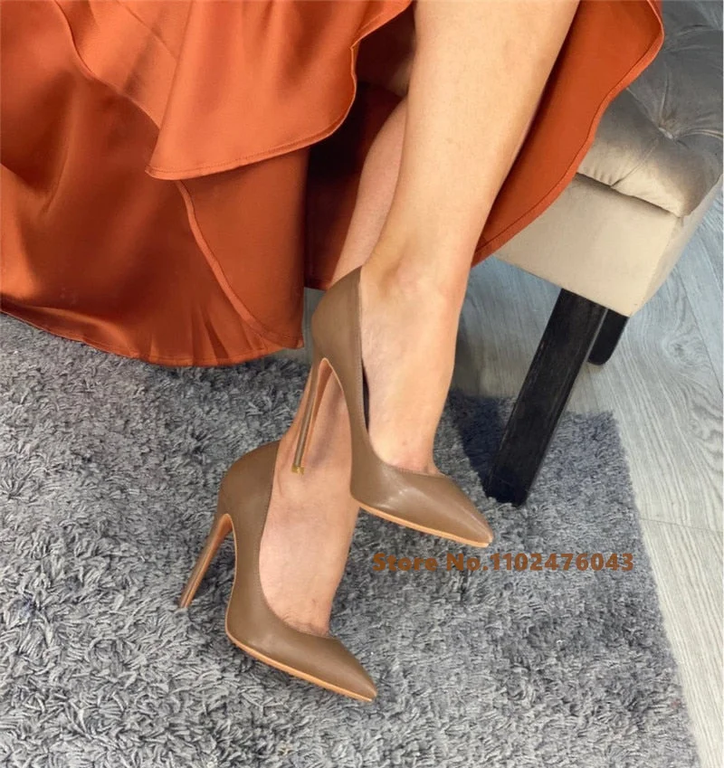 Sexy Pointed Toe High Heel Shoes Slip On Stiletto Pumps Browm Patent Leather Women Shoes Office Casual Shallow Pumps Big Size46