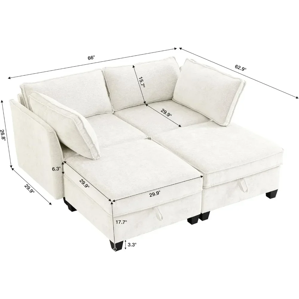 Modular Sectional Sofa Set with Storage, Living Room Convertible Couch Bed, 4 Seater and 2 Armrestes Modular Sofa