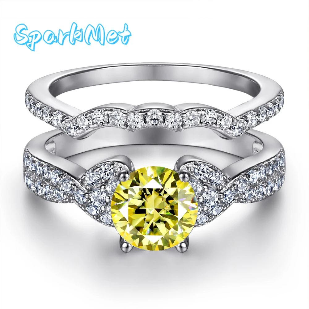 

SparkMet 100% Genuine 1ct Yellow Moissanite 2 Rings with Certificate Passed Diamond Test Ring Women Jewelry Gift S925 Silver