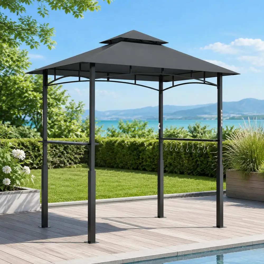 Barbecue tonneau avec éclairage LED intégré pour jardin, 240 x 150 x 250 cm, gris clair. Largement compatible avec les pavillons de jardin, les tentes de terrasse, les repas en plein air et les abris de fête.