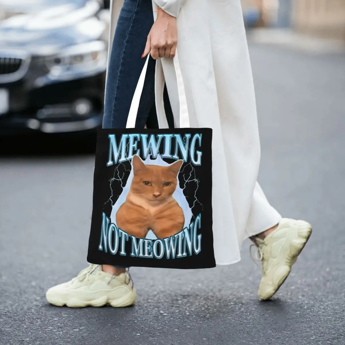 Mewing Not Meowing Funny Cat Meme Tote Bags Women Handbag Canvas College Humor Cats Bootleg Shoulder Bag Daily Grocery Bag