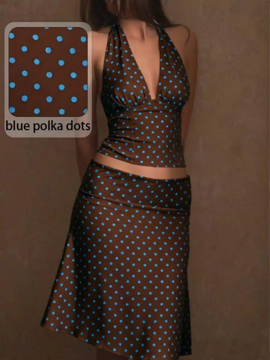 

Womens Polka Dot Halter Backless 2 Piece Set Summer Party Vacation Outfit