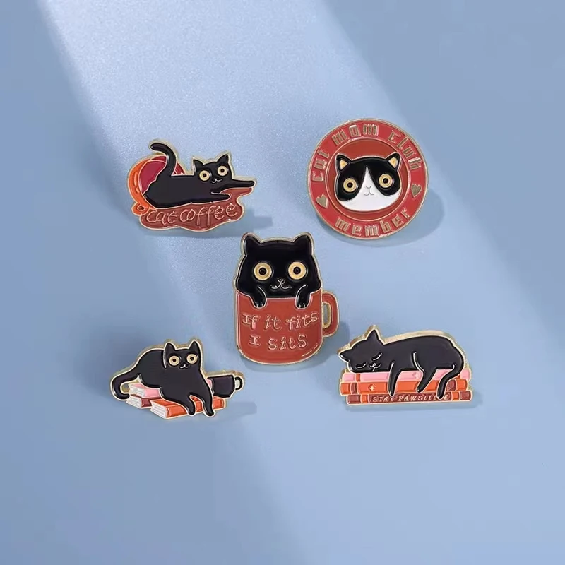 

Cat Mom Club Enamel Pins Custom Sleeping Kitten Coffee Books Brooches Lapel Badges Dream Life with Jewelry Gift Wholesale