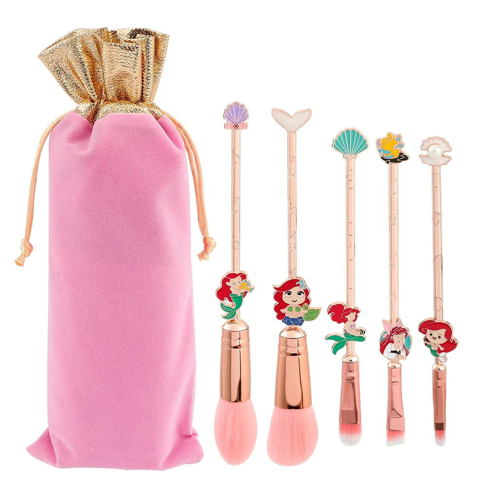 5pcs Disney The Little Mermaid Makeup Brushes Mermaid Ariel Princess Soft Comfortable Specialized Makeup Brush With Bag