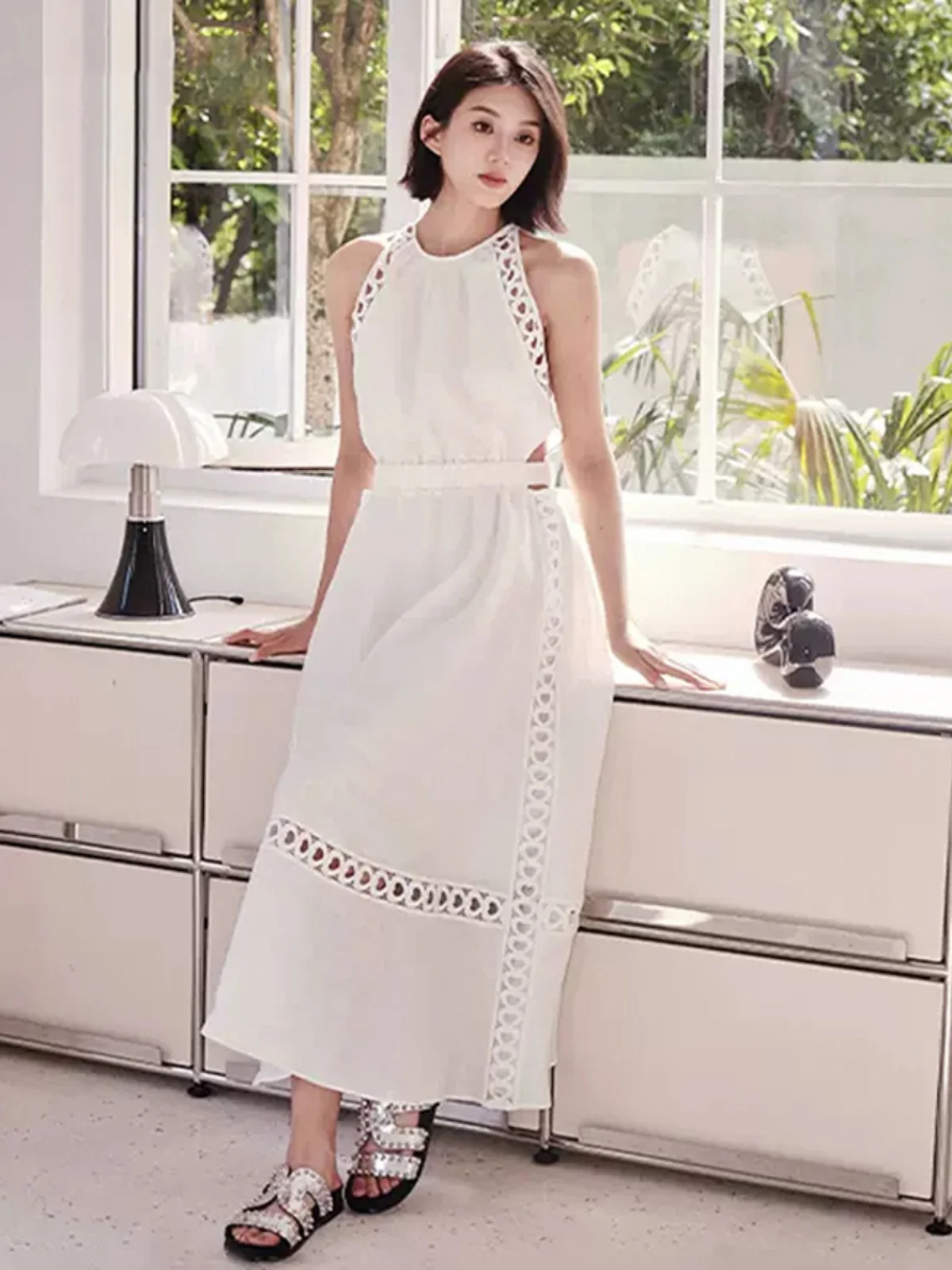 

MaSande Summer New Sle Women's Hollow out Svel Dr White Ele A-Line Long Dr for Bloggers round Ne Gown