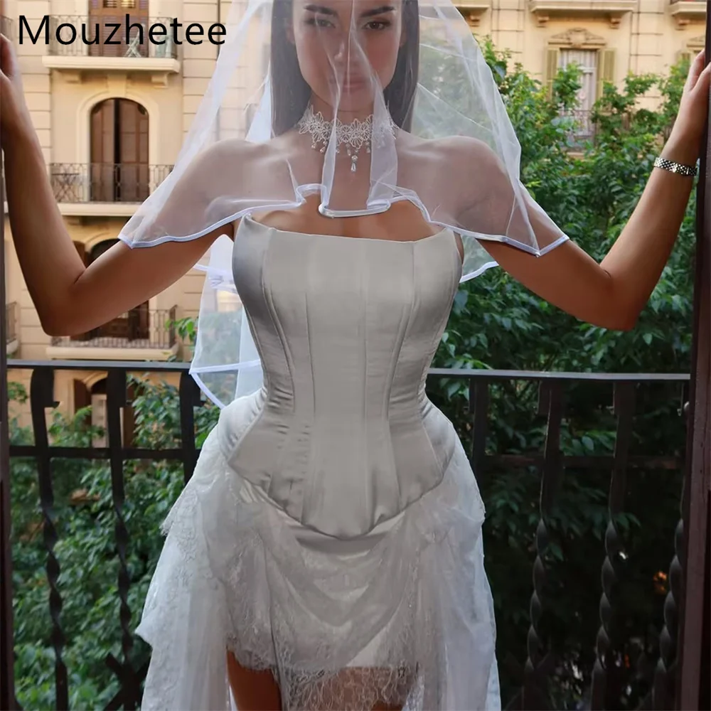 Mouzhetee A-Line Elegant Strapless Sleeveless Lace Wedding Dresses Simple Pleat Brides Gown Custom Made 2026