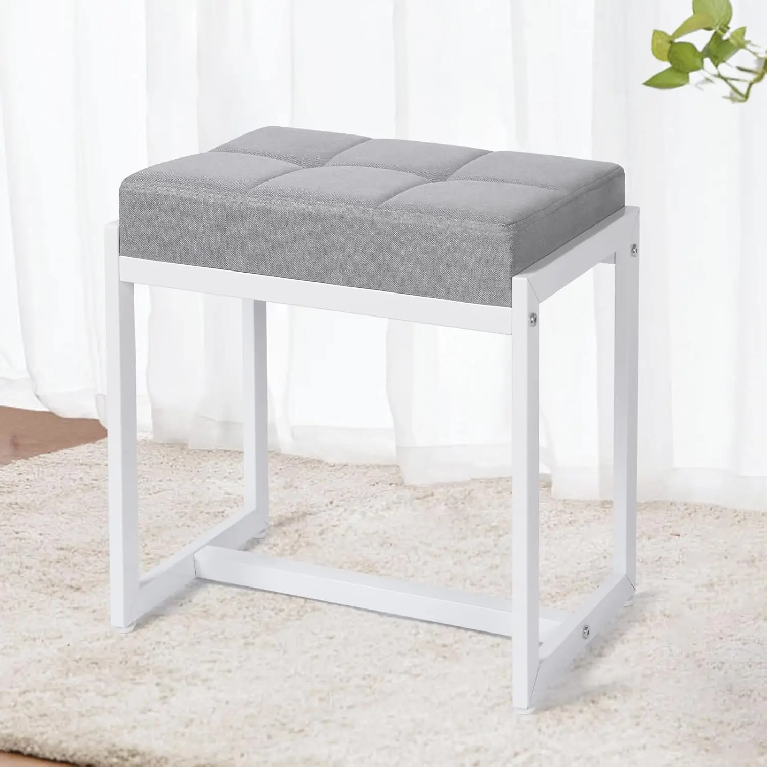 

Modern Vanity Stool with Padded Seat, Square Linen Makeup Chair for Bedroom or Living Room in Grey & White