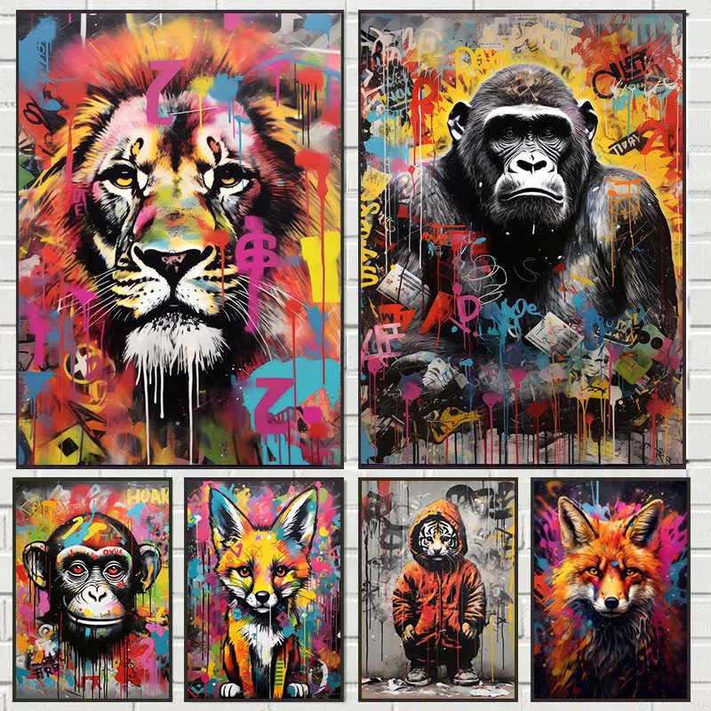 

Abstract Banksy Animal Art Posters Graffiti Prints Monkey Lion Gorilla Artwork Canvas Wall Painting Home Decoration Picture