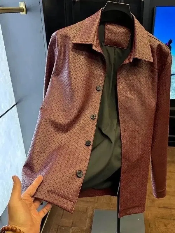 

Autumn Winter Busin Casual Men's ort Fit Leather Jaet Collared Handwoven Bla Versatile Sle Polyester Inner