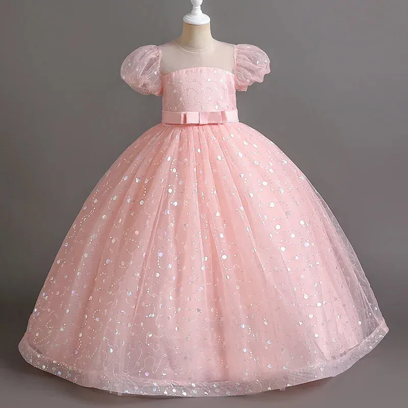 فستان بناتي طويل على طراز المحكمة الفرنسية بأكمام منتفخة وتنورة شبكية على شكل زهرة الأميرة الحلوة لأداء الأطفال #   r155