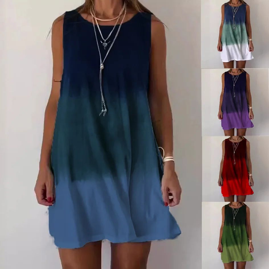 Casualowa okrągła bluzka bez rękawów z nadrukiem dla kobiet, modna luźna dzianinowa spódnica z bawełny o kroju litery A, na lato 2024.