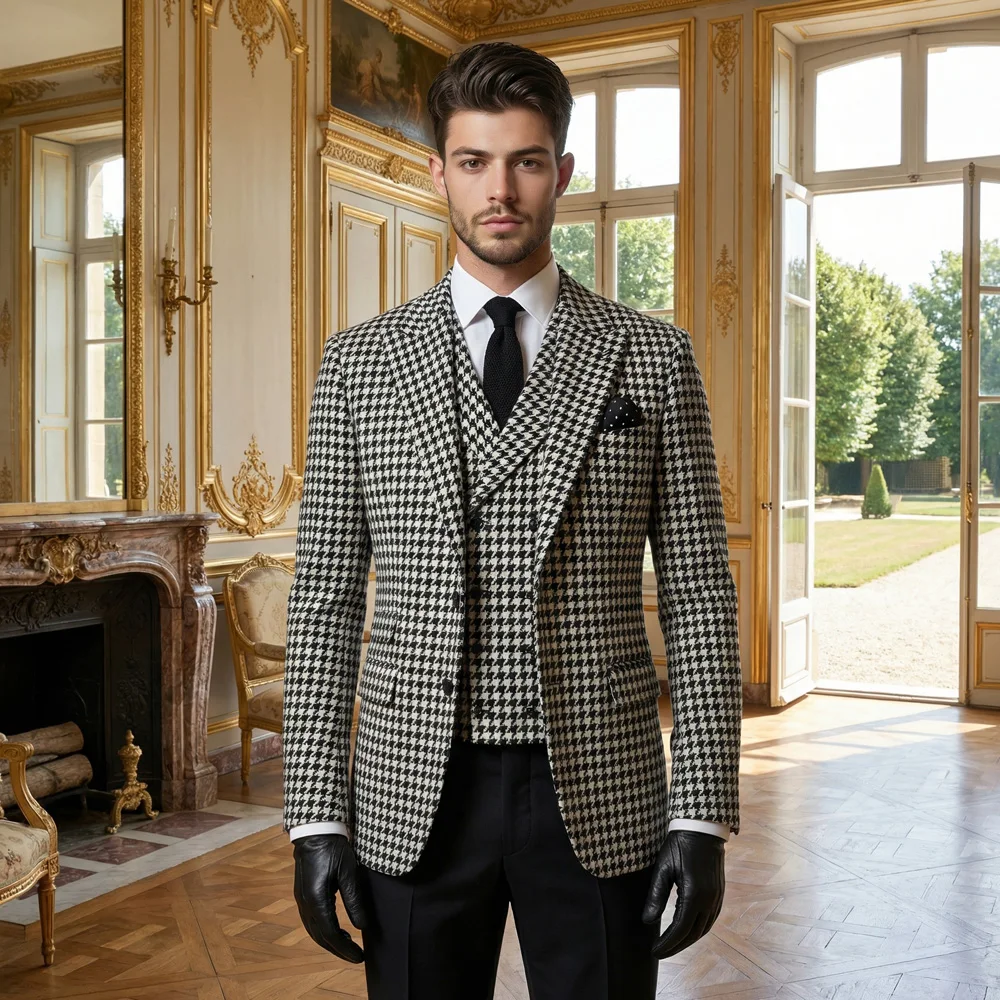 

Black Houndstooth Men's Suits 3 Pieces Peak Lapel Formal Business Wedding Groom Groom Tuxedos Groomsman Suit