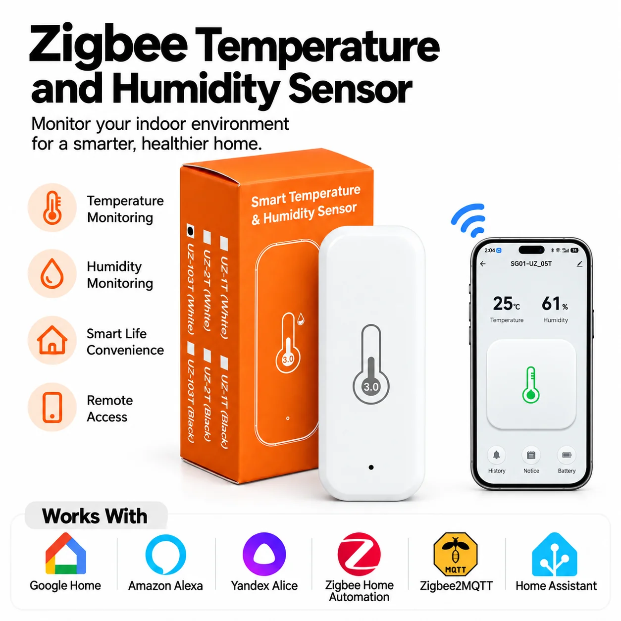Digital Hygrometer Probe - Zigbee対応の温湿度センサー。屋内用スマートホーム温度計・湿度計。Yandex Z2M、Smart Life、Alexaと連携し、アプリから遠隔操作が可能。