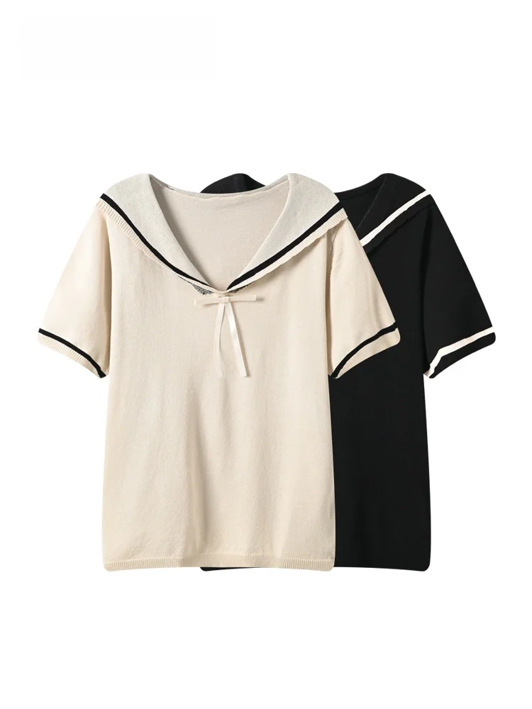 

plus Size Short Sleeve T-Shirt Women's Summer New Style Plump Sister Navy Collar Knot Slimming Shoulder Top