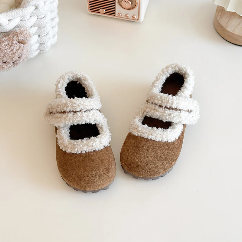 

Winter New Children Flat Shoes Fur Cover Toe Light Warm Kids Casual Shoe 2025 Warm Non-slip Leisure Comfortable Girls Shoes