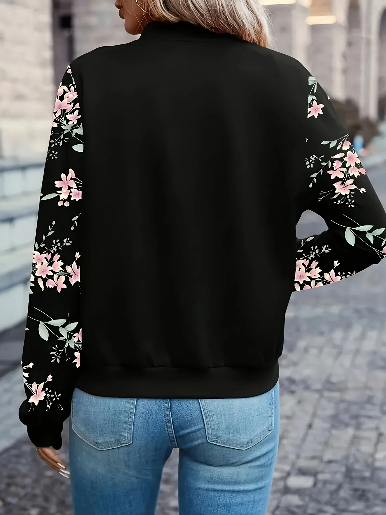 Herbst- und Winter-Langarmjacke mit Dünnem Reißverschluss, Blumenmuster und Modischem Design – Detail 2
