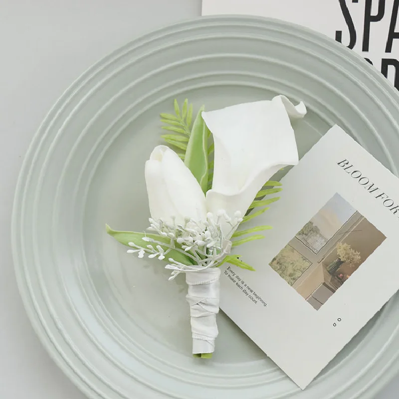 Boutonniere and Wrist Corsag, White Calla Lily, Tulip Simulation Flower, Celebração de Negócios, Abertura de Convidados, 531