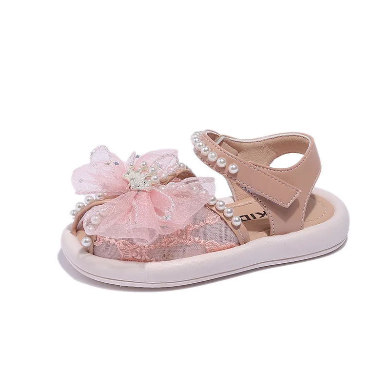 2023 Summer Baby Girls Flower Pearl Fish Mouth Sandals Sweet Soft Sole Breathable Mesh Toddler Princess Shoes Kids Beach Sandals