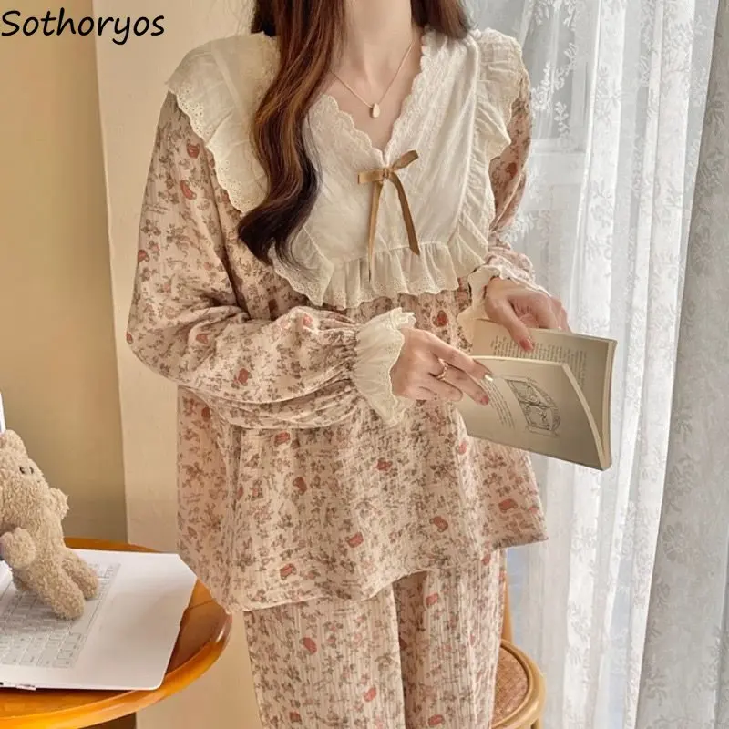 Pajama Sets Women Floral Vintage Sleepwear Autumn Trendy Korean Style Kawaii Female Lounge Comfortable Leisure Simple Graceful