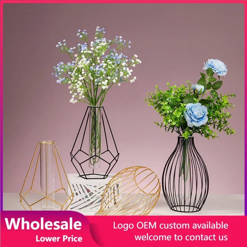 

Flowers Vase Geometric Iron Line Frame Glass Test Tube Flower Stand Metal Plant Holder Nordic Hydroponic Wrought Iron Vase