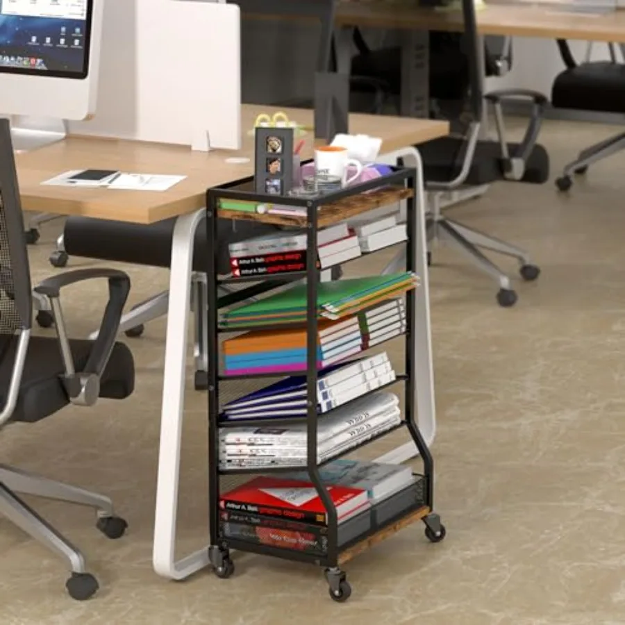 7 Tier Rolling File Cart with Sliding Trays, Wood Metal File Organizer Beside Desk, Free-Standing File Holder, Paper Letter Tra