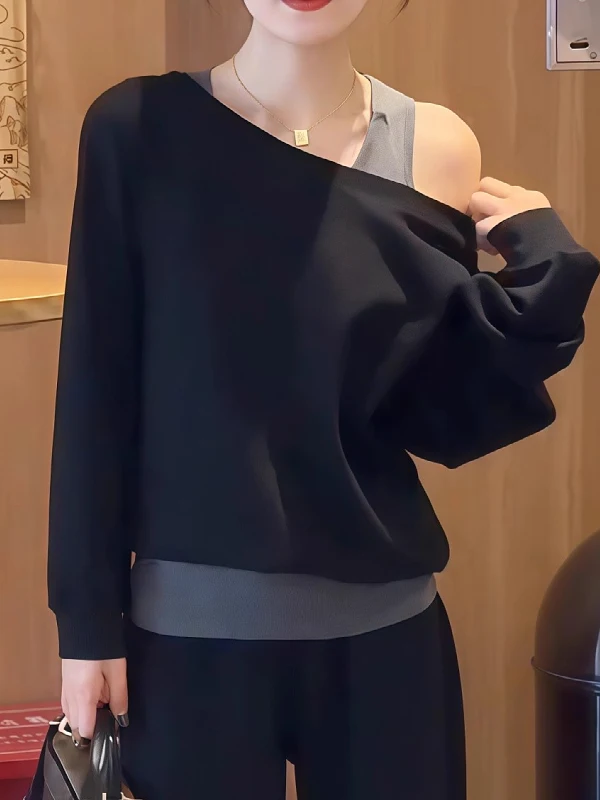 

Весенняя женская толстовка с открытыми плечами и длинными рукавами, больших размеров, в корейском стиле, удобная, свободного кроя, повседневная, уличная одежда, топ