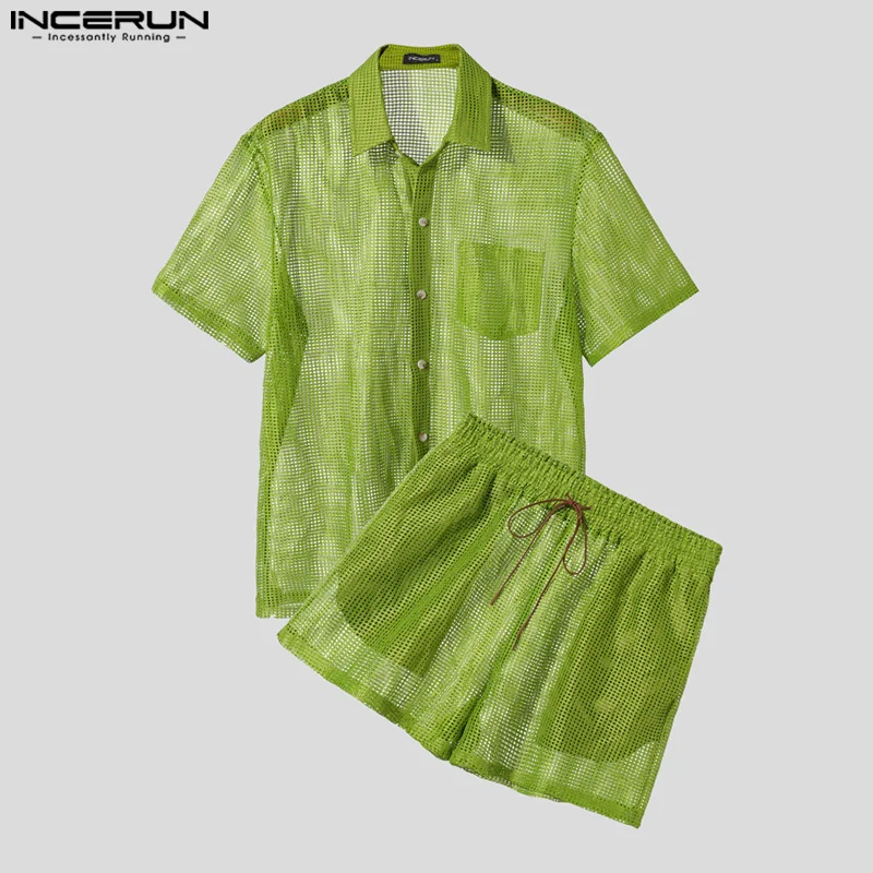 INCERUN 남성용 메쉬 속이 비치는 라펠 반팔 셔츠 & 반바지 투피스 세트 스트릿웨어 섹시 남성 캐주얼 슈트