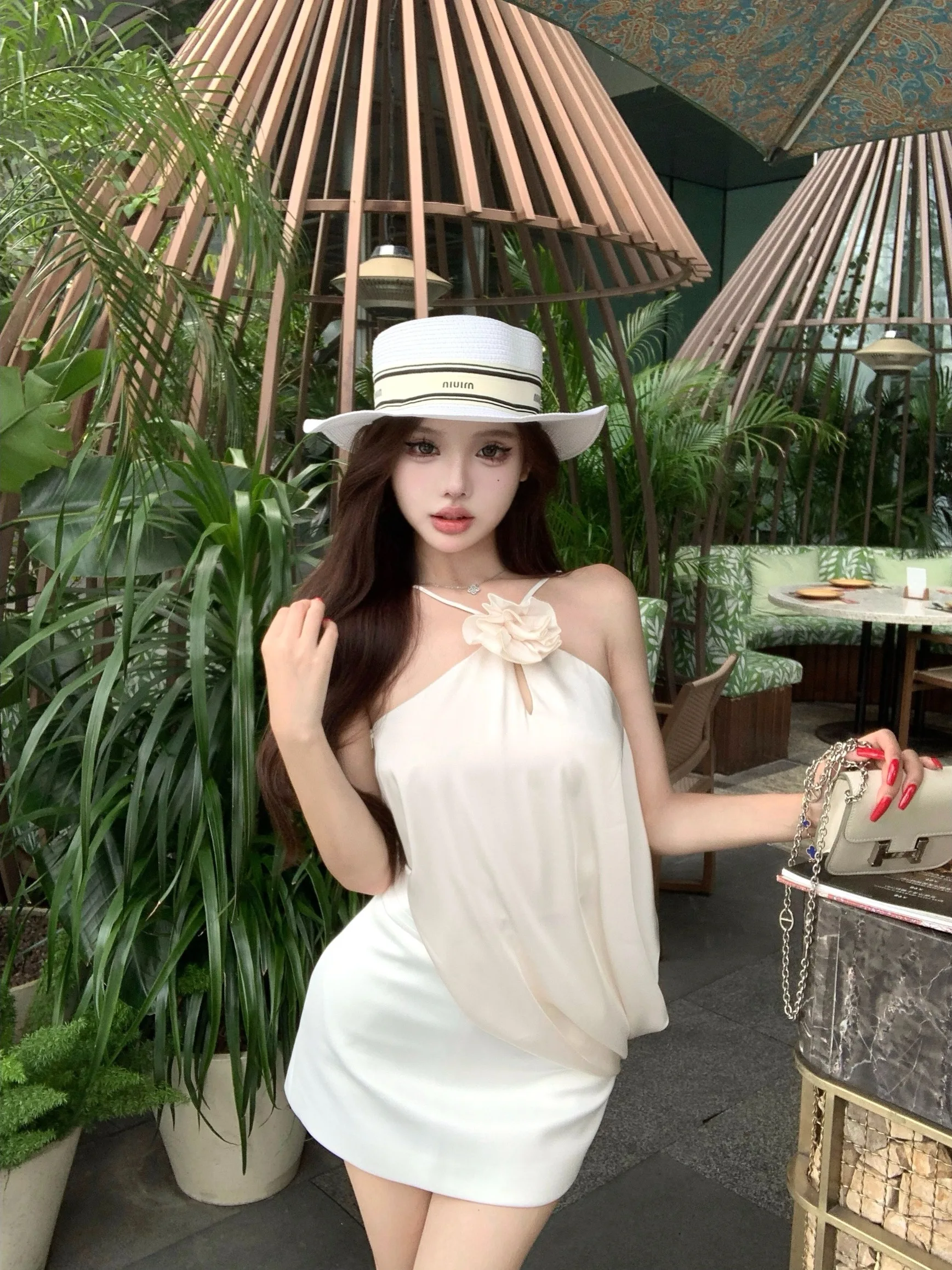 

Summer Vacation Style Off-Shoulder Neck Hanging Tube Top Women's High-Waist A-Line Skirt Suit Short Sleeve Floral Print Set