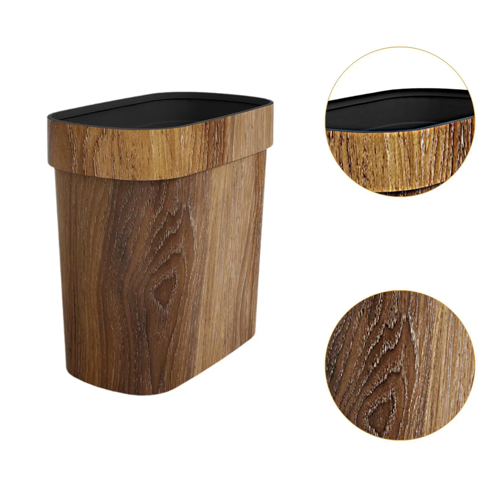 Slim Trash Bin with Smooth Surface Retro Faux Wood Grain Slim Waste Container Rectangle Design for Bathroom Kitchen Office Study