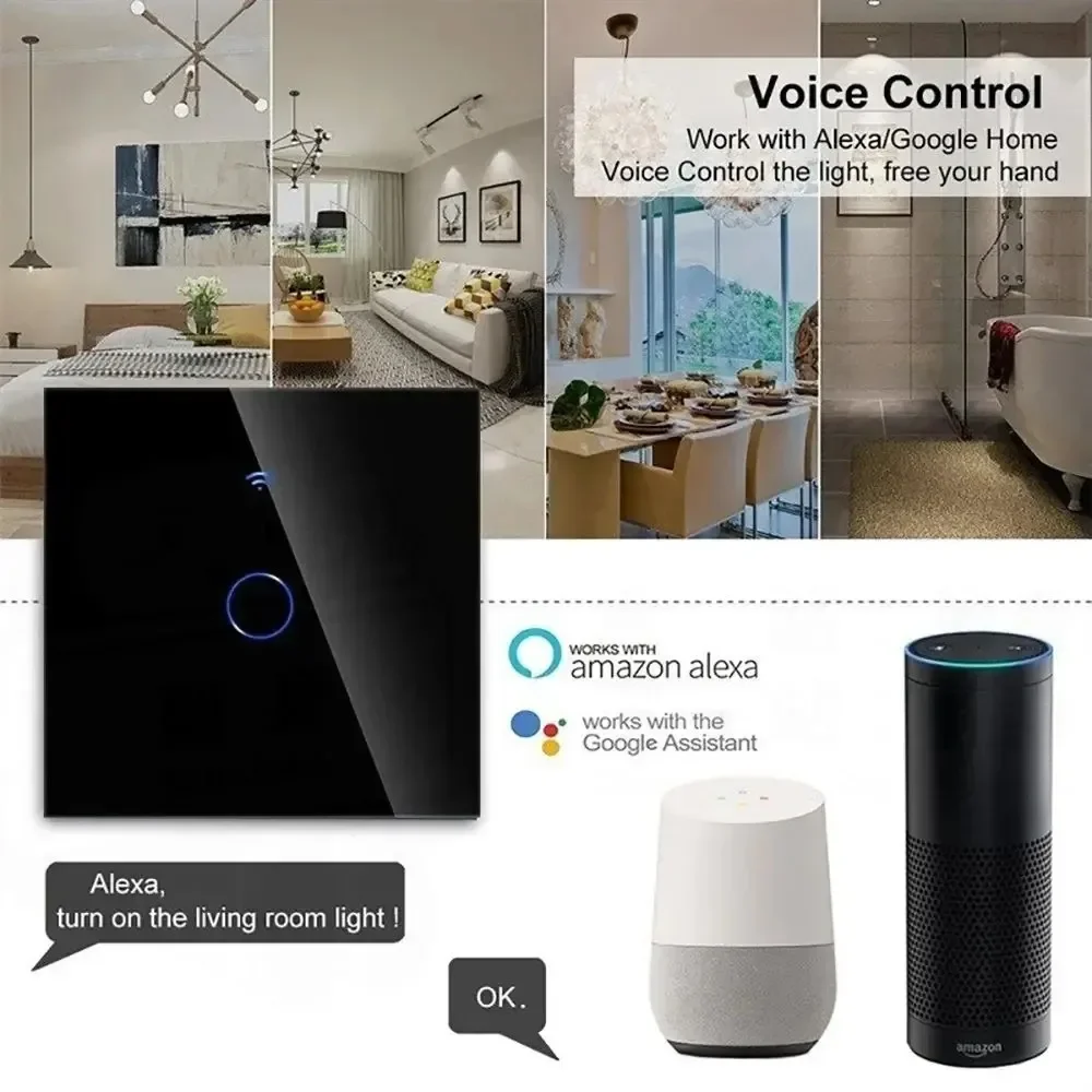 Shawader WiFi Smart EU Wall Light Switch Touch Sensor Need Neutral Wire Tuya Voice Remote by Alexa Google Home 1/2/3/4 Gang