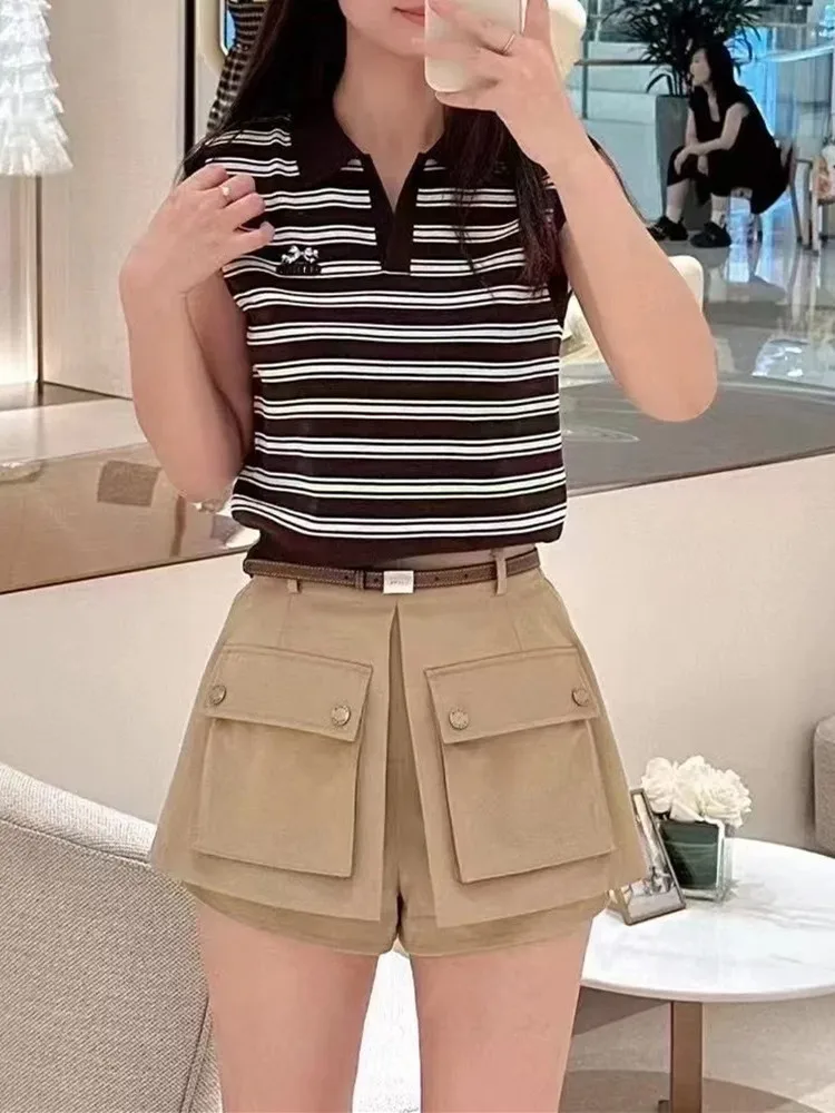 

Высококачественная версия, летний коричнево-белый полосатый трикотажный топ Ne Svel, облегающий вязаный топ, европейский дизайн, женская одежда для колледжа...