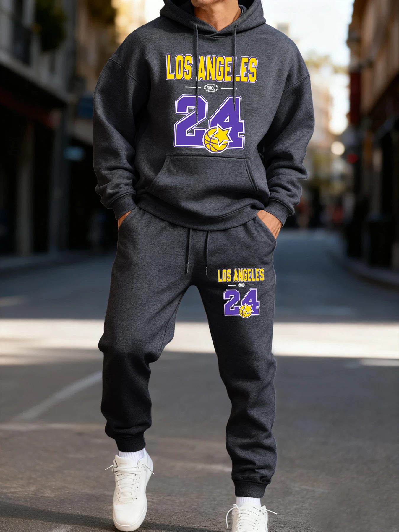 

Los Angeles Number 24 Jersey Printed Men Hoodie Set Winter Sporty Two Pices Sets Casual Fleece Hoodies Loose Jogging Clothing