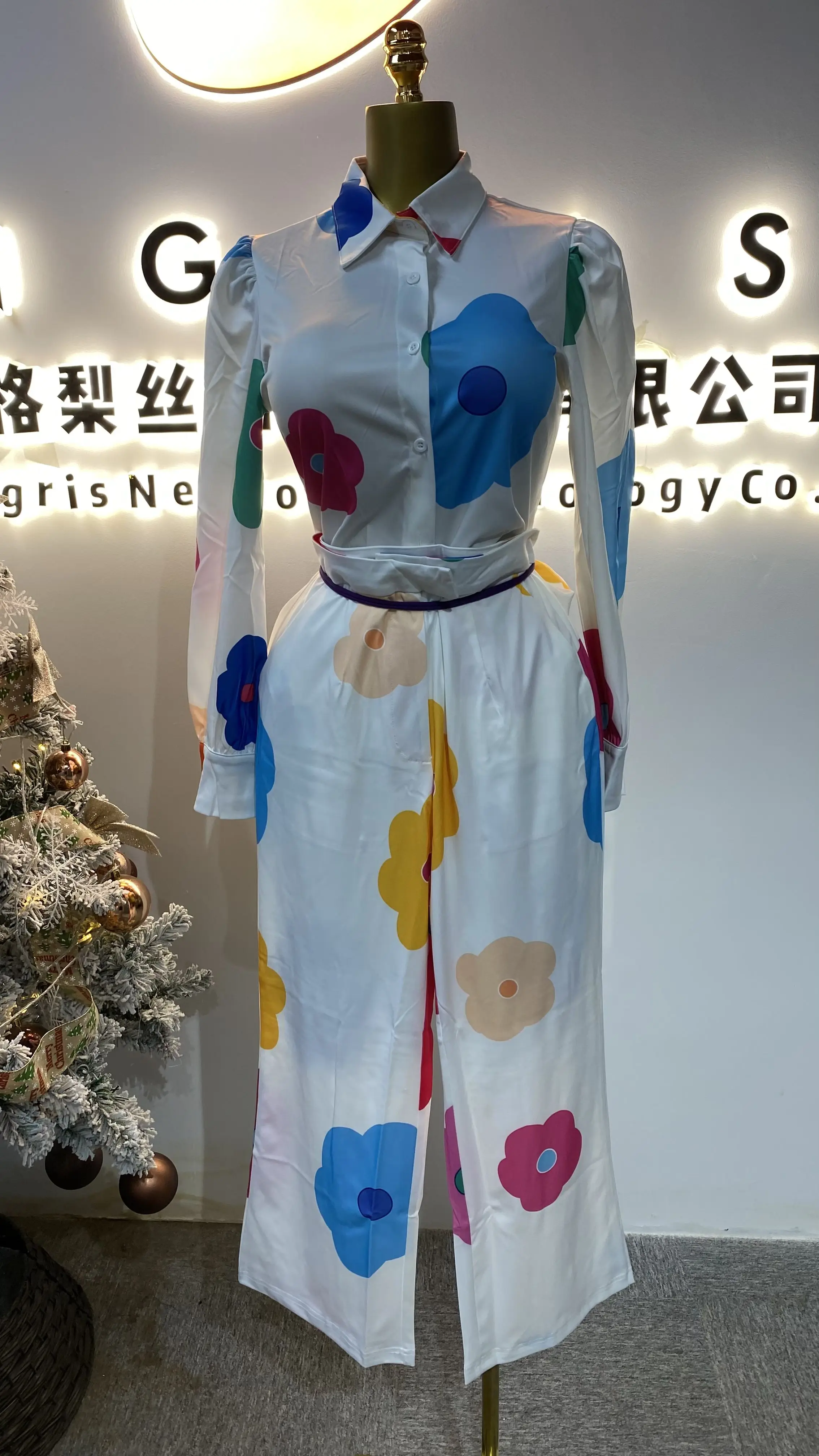 Abito lungo elegante stampato a maniche lunghe da donna 2025 Abito maxi da festa bianco casual con scollo a V-GZMM364