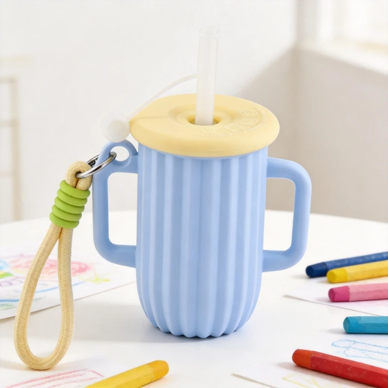 Silicone Drinking Cup Macaron Color With Straw Lid Carry Strap Handle Anti-drop Children Water Mug Outdoor Home Milk Juice Cup