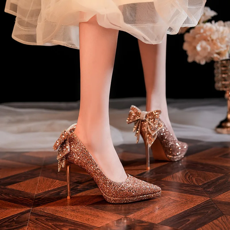 Waterproof Table French Crystal Bow High Heels Socialite Temperament Banquet Sequined Bridesmaid Shoes