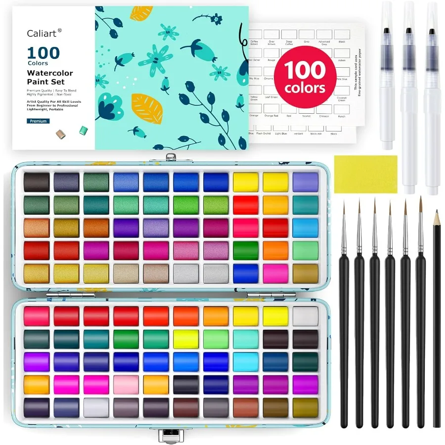 

100 Colors Watercolor Paint Set with 4 Brushes Portable Travel Water Color Kit with Carrying Case Palette and Accessories NonTo