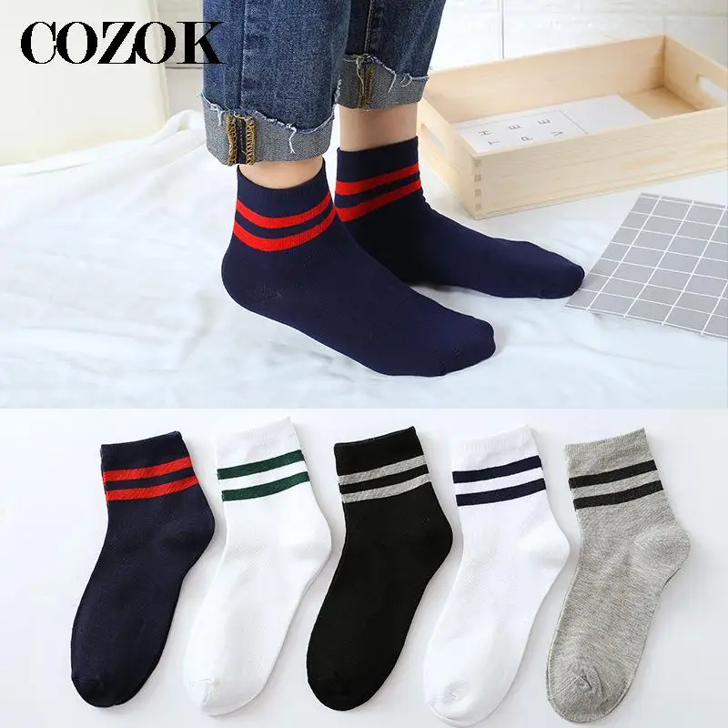 2 Pairs Autumn Winter Mens Ankle Sock Striped Cuffs Cotton Short Socks Sports Comfortable Harajuku Socks Male 5 Colors Optional