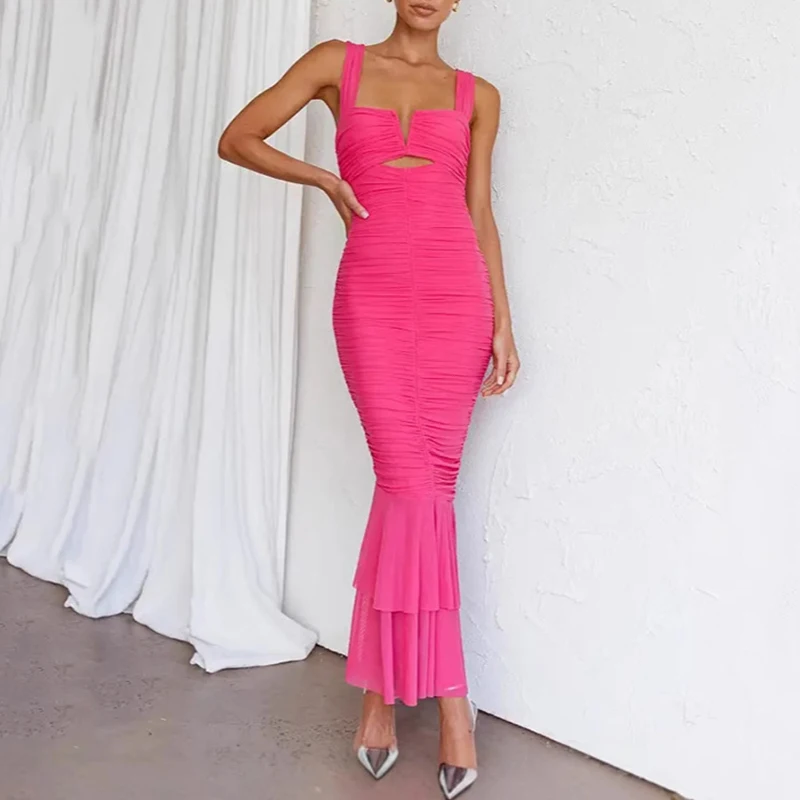 Sexy laag uitgesneden uitgeholde geplooide fishtail-jurk Elegante effen kleur mouwloze jarretel lange jurk Trendy bodycon-jurk zonder rug