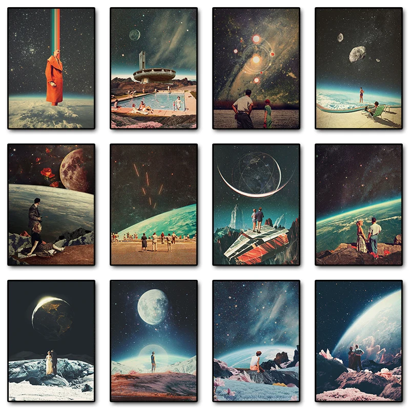 Vintage Surreale Weltraum-Futurismus Poster Drucke Leinwandgemälde Sci-Fi Himmlische Galaxie Retro Wandkunst Bild für Zimmer und Zuhause