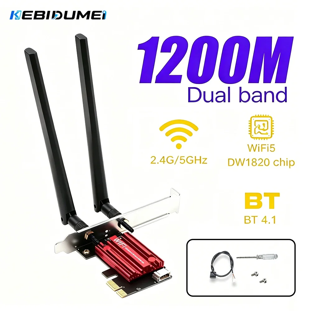 Kebidumei AC1200 WiFi 5 PCI-E Network Card Wireless Bluetooth 4.1 Adapter Dual Band 2.4G/5GHz 802.11AC For Win 7/8/10/11 Desktop