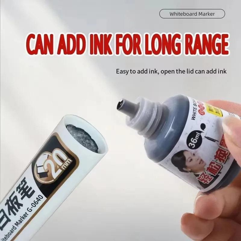 Wide Head 20mm Erasable Whiteboard Marker - Extra Large Capacity Ink-Adding Water-Based Board Pen for Office Stationery