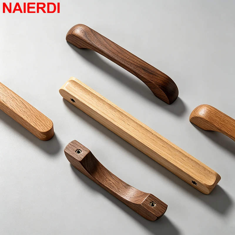 NAIERDI 5 Pieces Natural Wooden Cabinet Knobs andl Handles Walnut Kitchen Cabinet Pulls Drawer Knobs Round Furniture Handle