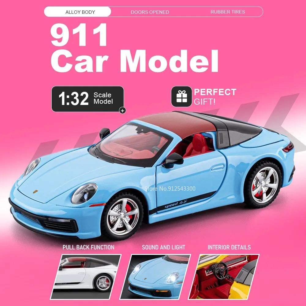 1:32 Scale 911 964 Car Model Toy Doors Opened Sound Light Models Alloy Diecast Pull Back Supercar for Friends Birthday Surprise